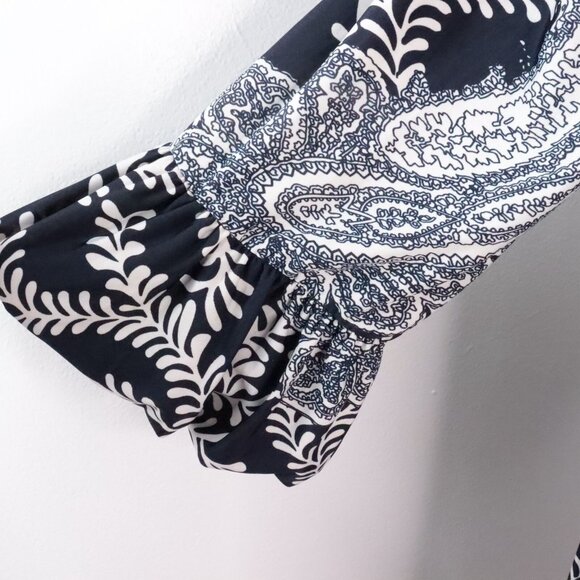 Ice Silk Women's 1X Navy Blue Paisley Polyester V-Neck Knee-Length Stretch Dress - Picture 6 of 10